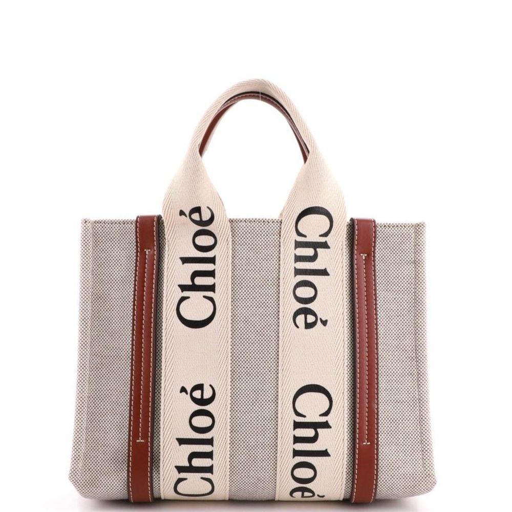 Chloe Woody Tote Canvas with Leather Small Neutral